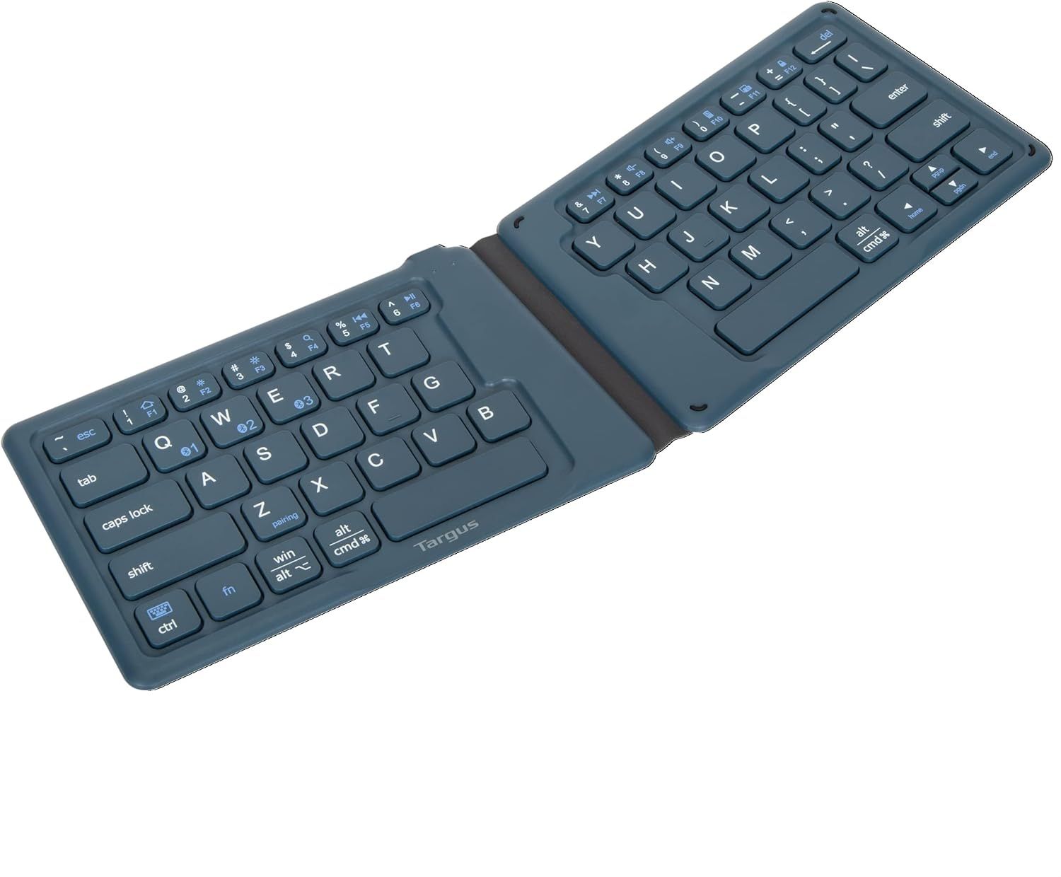 Blue foldable split keyboard against a white background