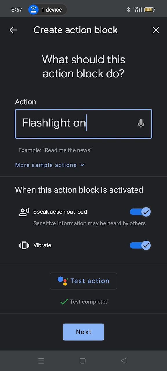 Testing Flashlight command on Action Blocks app