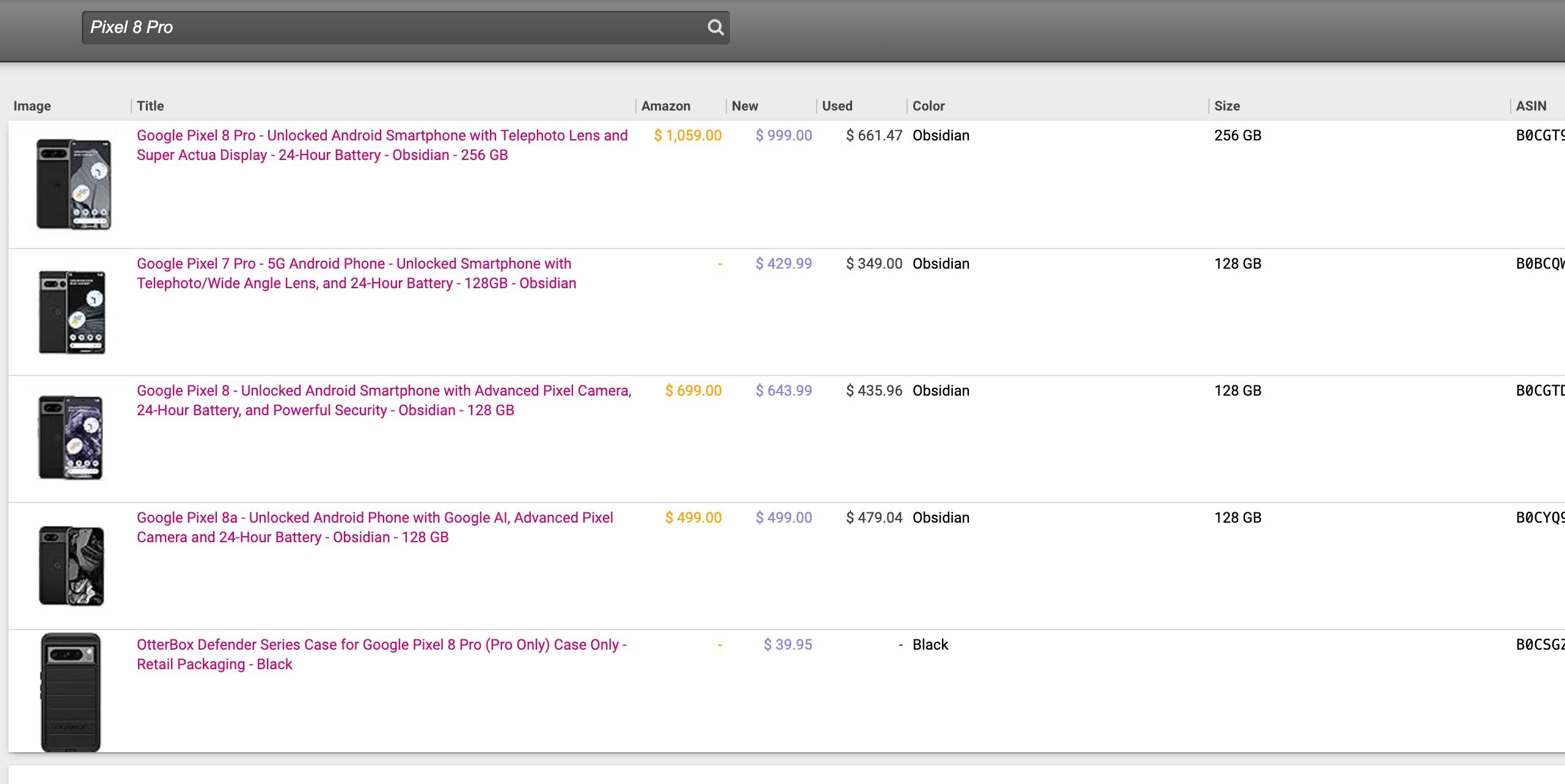 A screenshot showing Keepa search menu