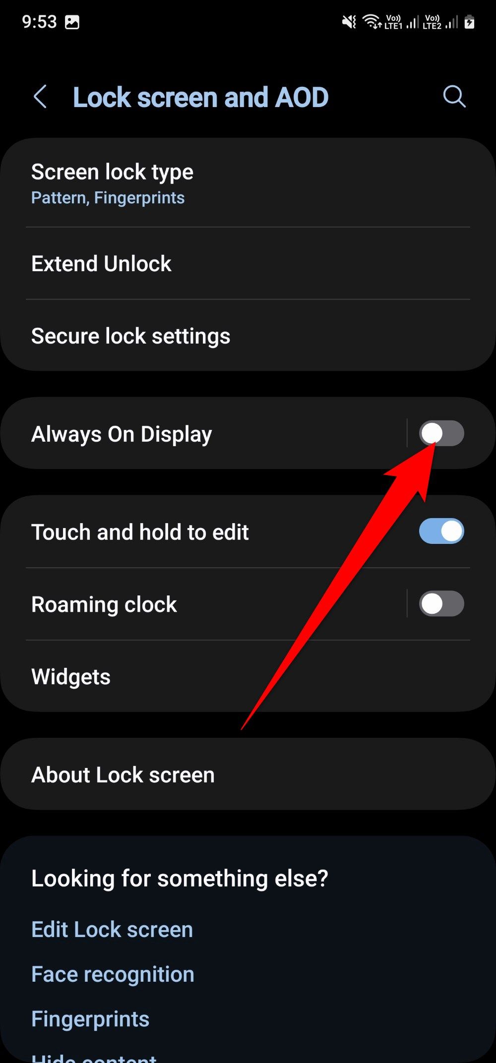 Screenshot showing the Always on Display toggle on a Samsung Galaxy A25