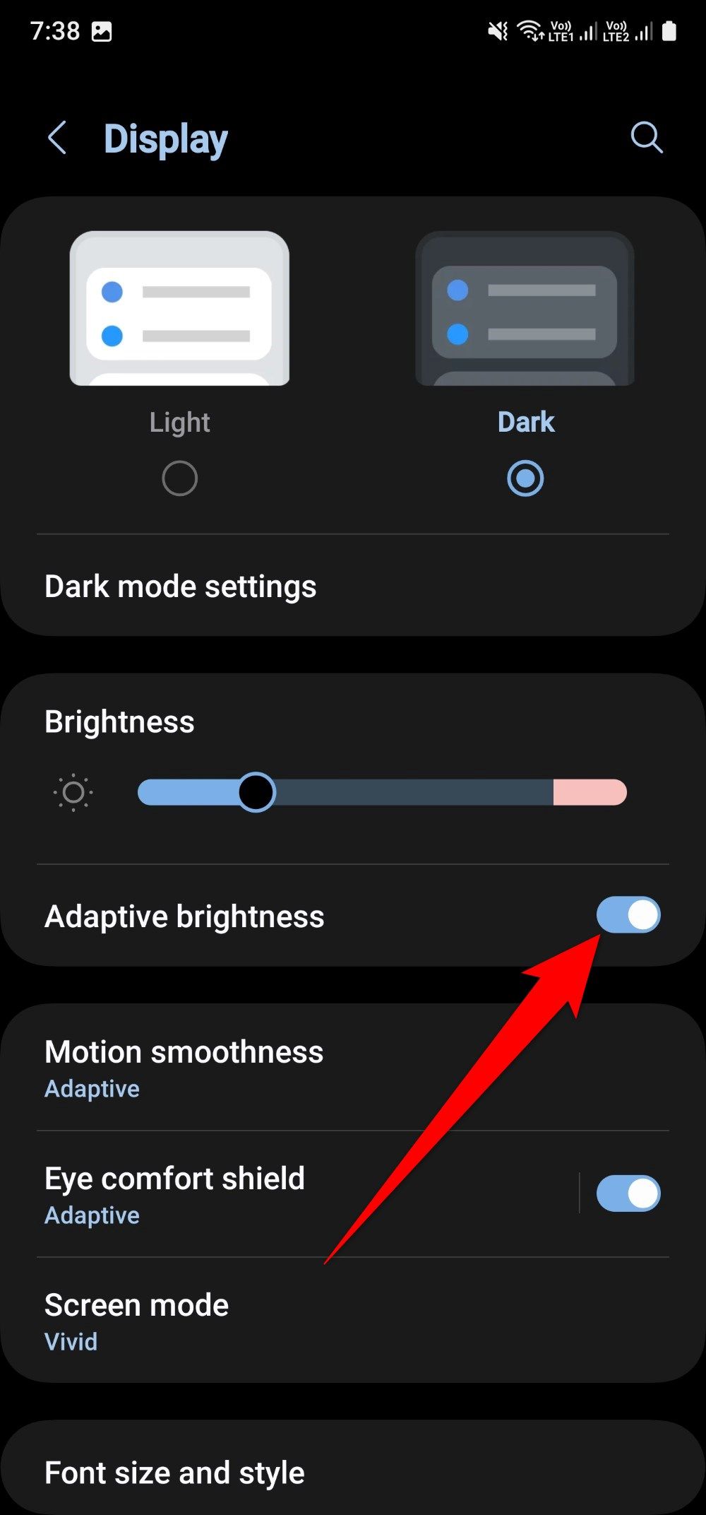 Screenshot showing the Adaptive Brightness option on a Samsung Galaxy A25