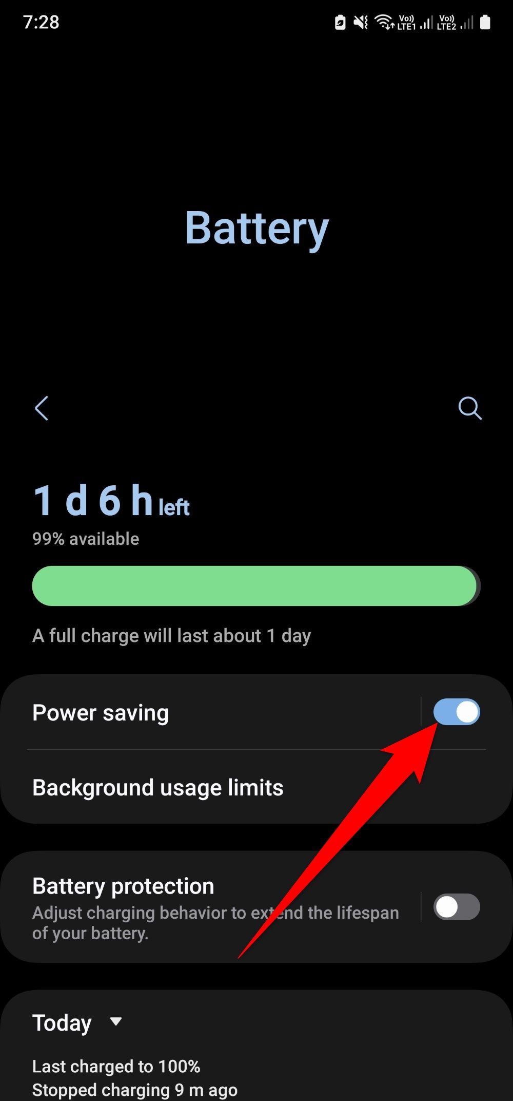 Power saving toggle on a Samsung Galaxy A15