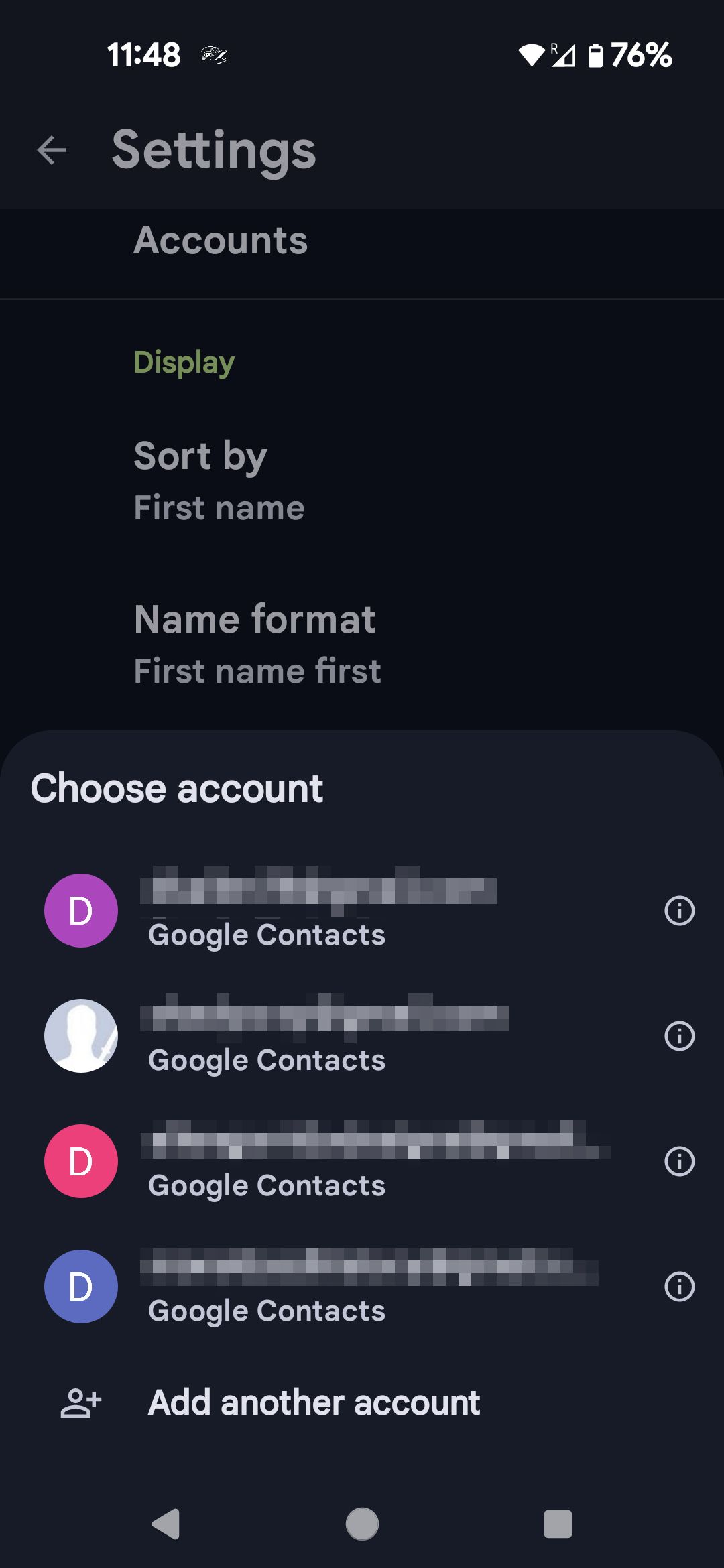 Contacts app Undo changes menu account selection modal