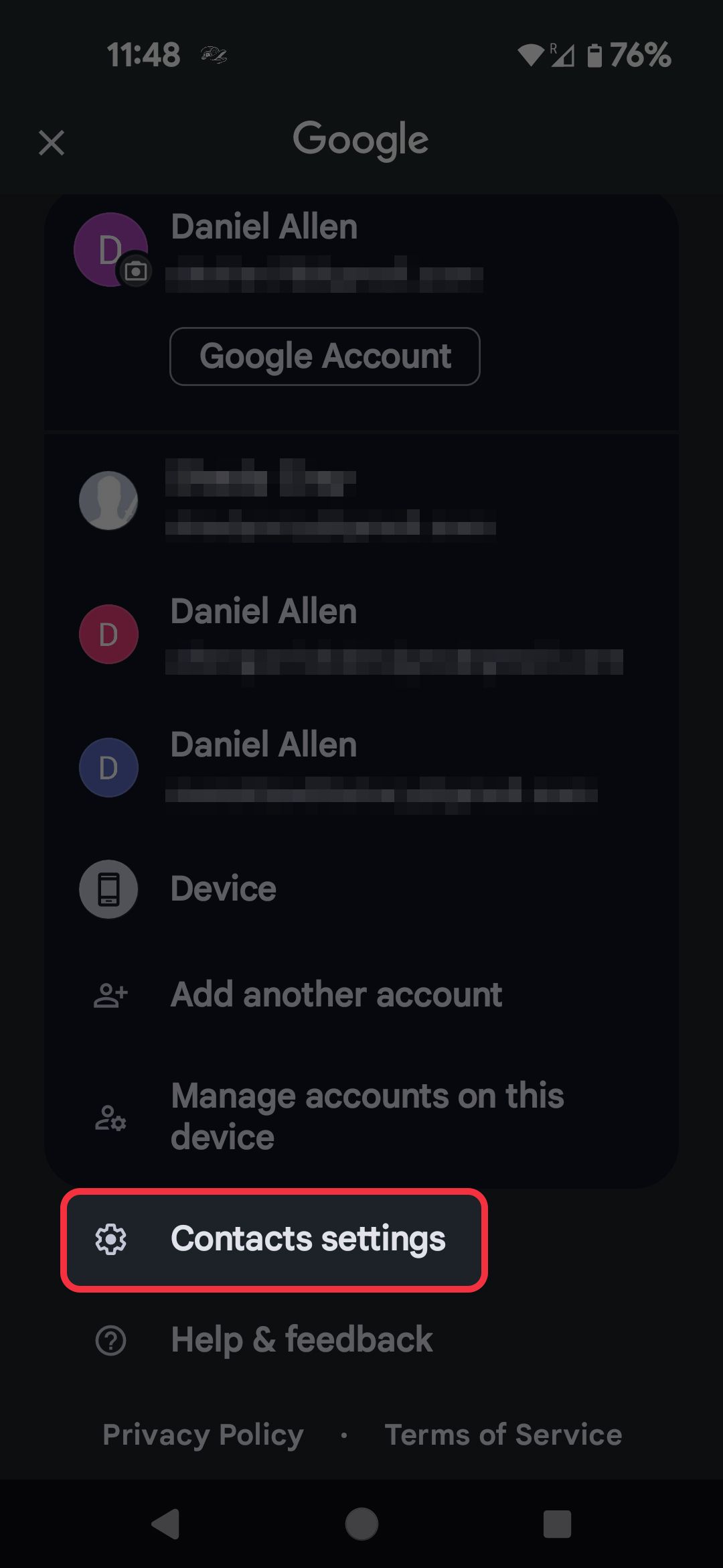 Contacts app profile menu highlighting the Contact settings option