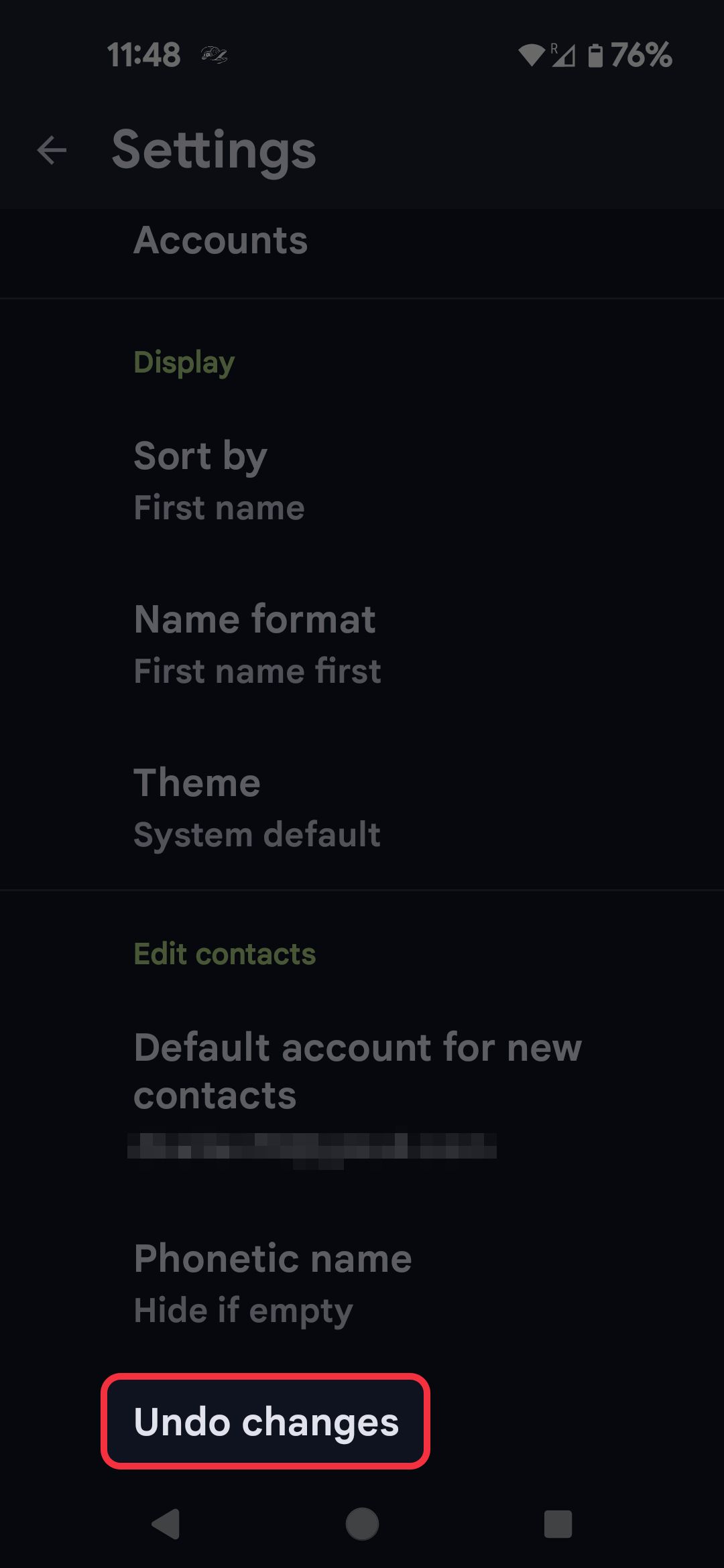 Contact app Settings menu highlighting the Undo changes option