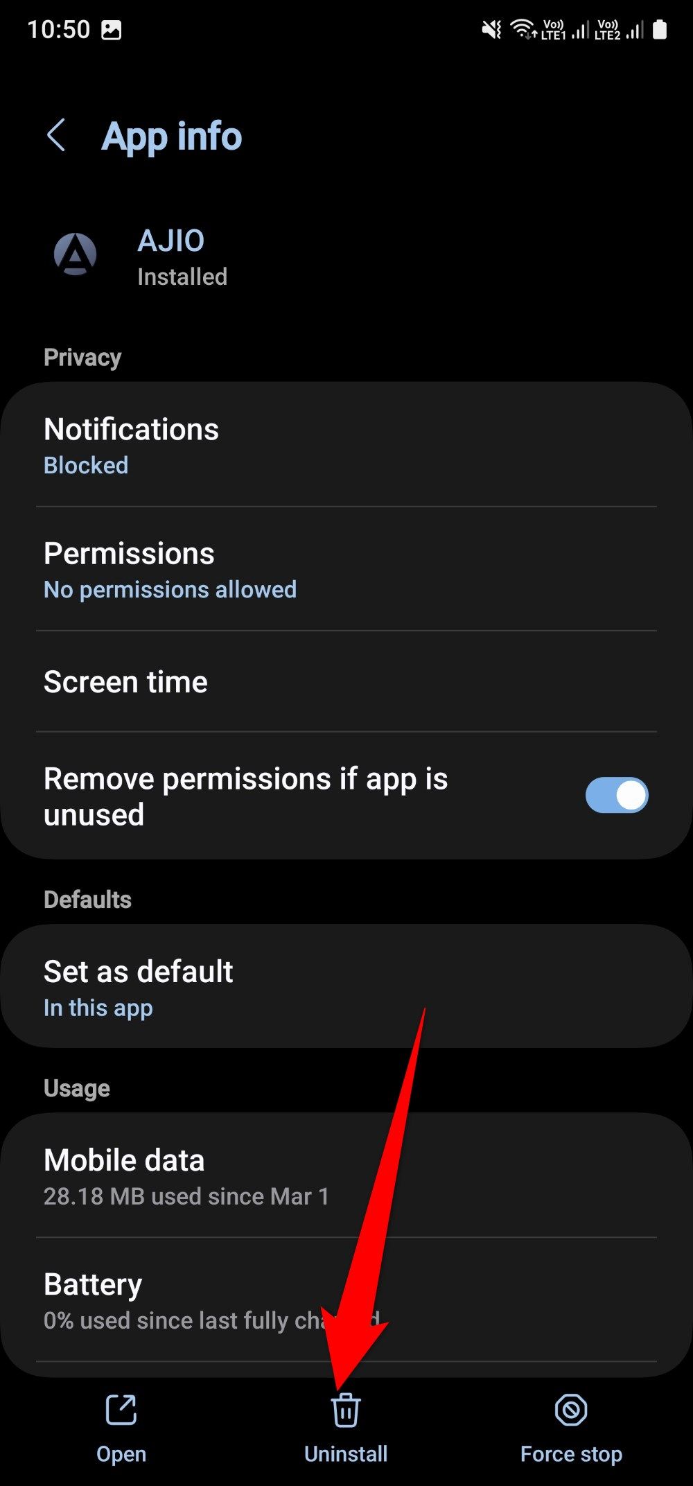 Screenshot showing the uninstall app option on a Samsung Galaxy A25