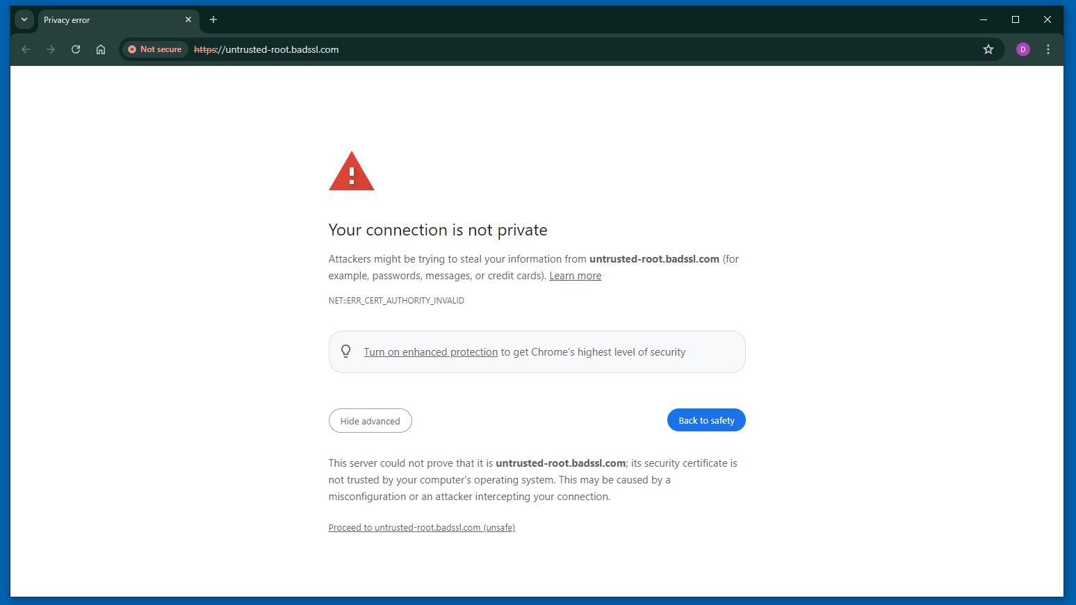 browser warning for an untrusted certification
