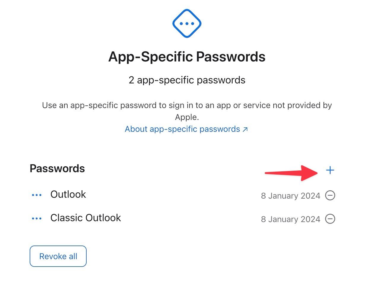 create a new app specific password in iCloud