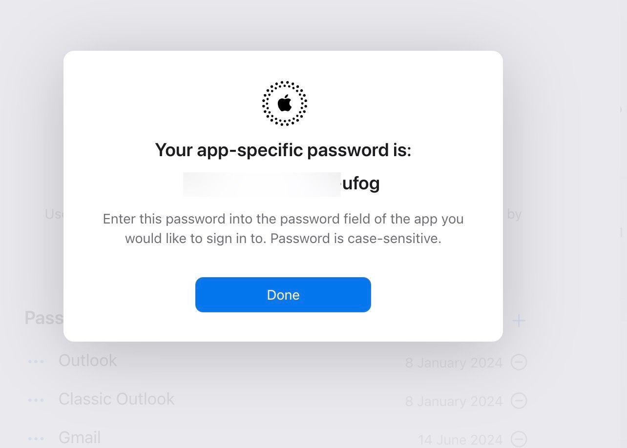 app specific password is ready