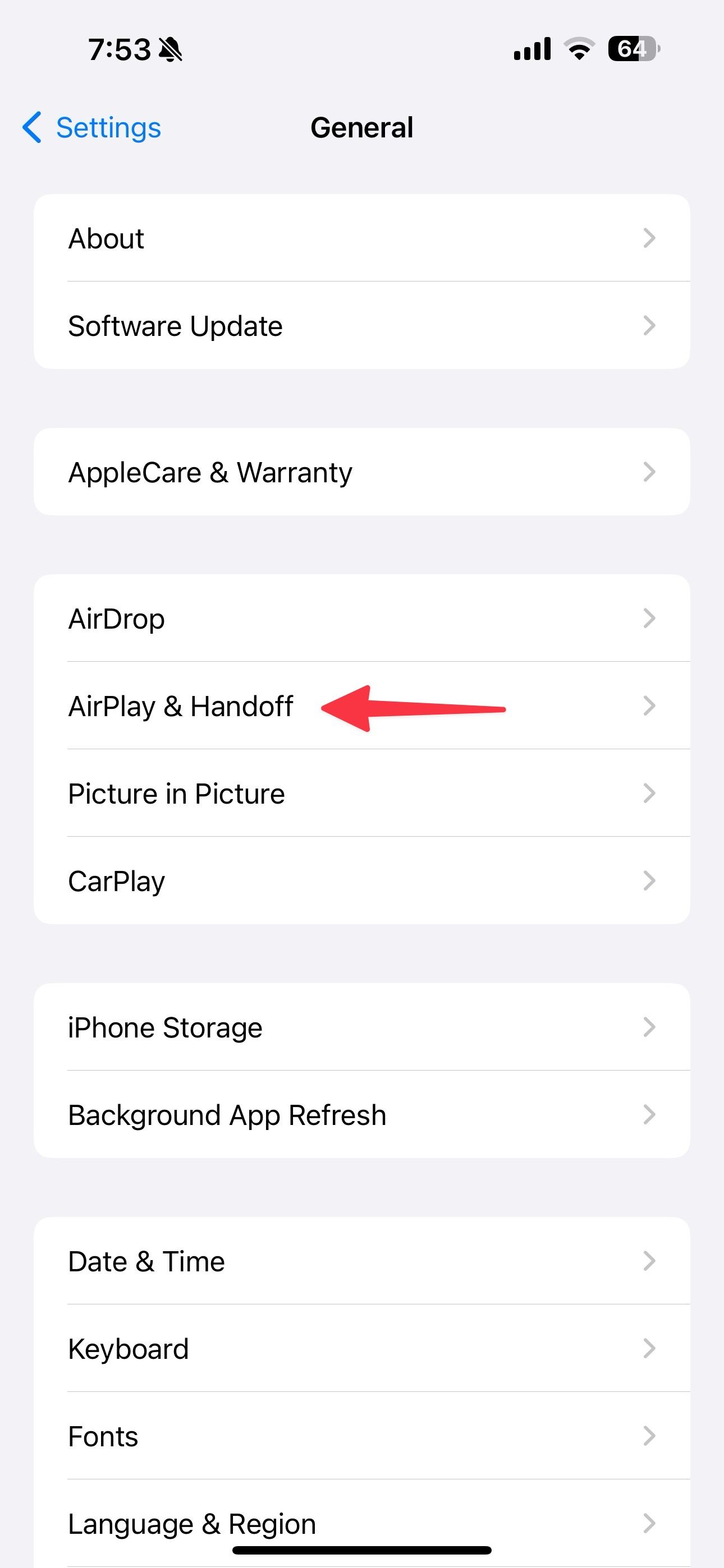 A screenshot showing AirPlay and handoff menu in iPhone