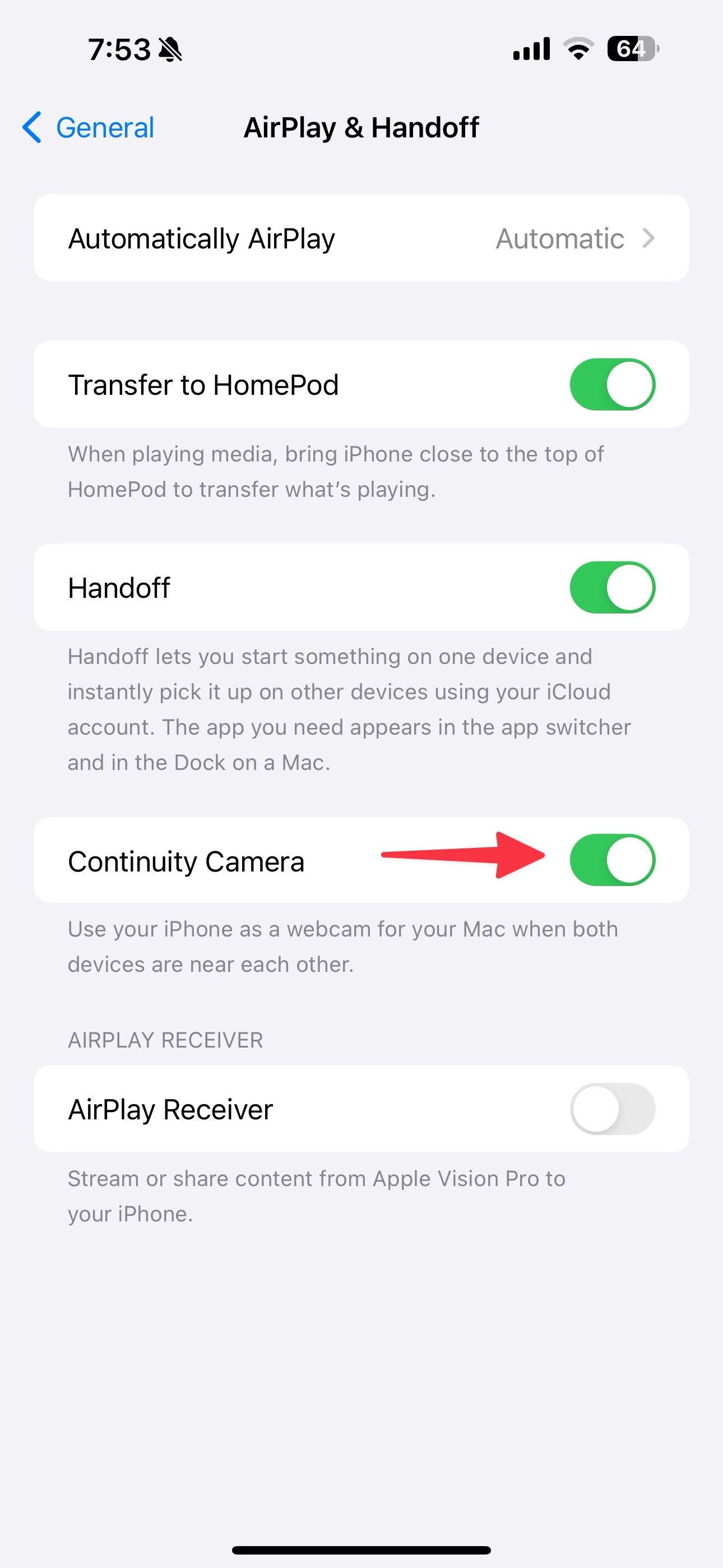 A screenshot showing AirPlay & Handoff menu on iPhone