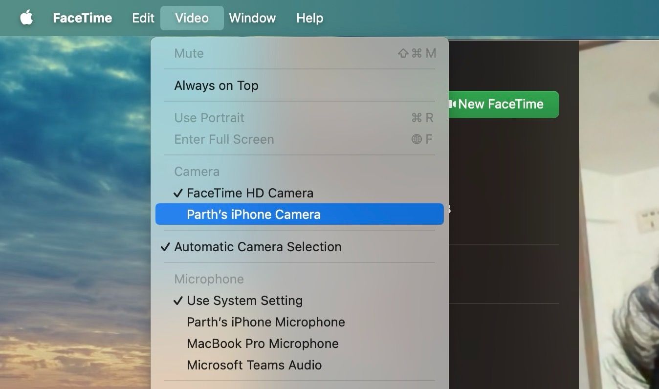 A screenshot showing Facetime menu on iPhone