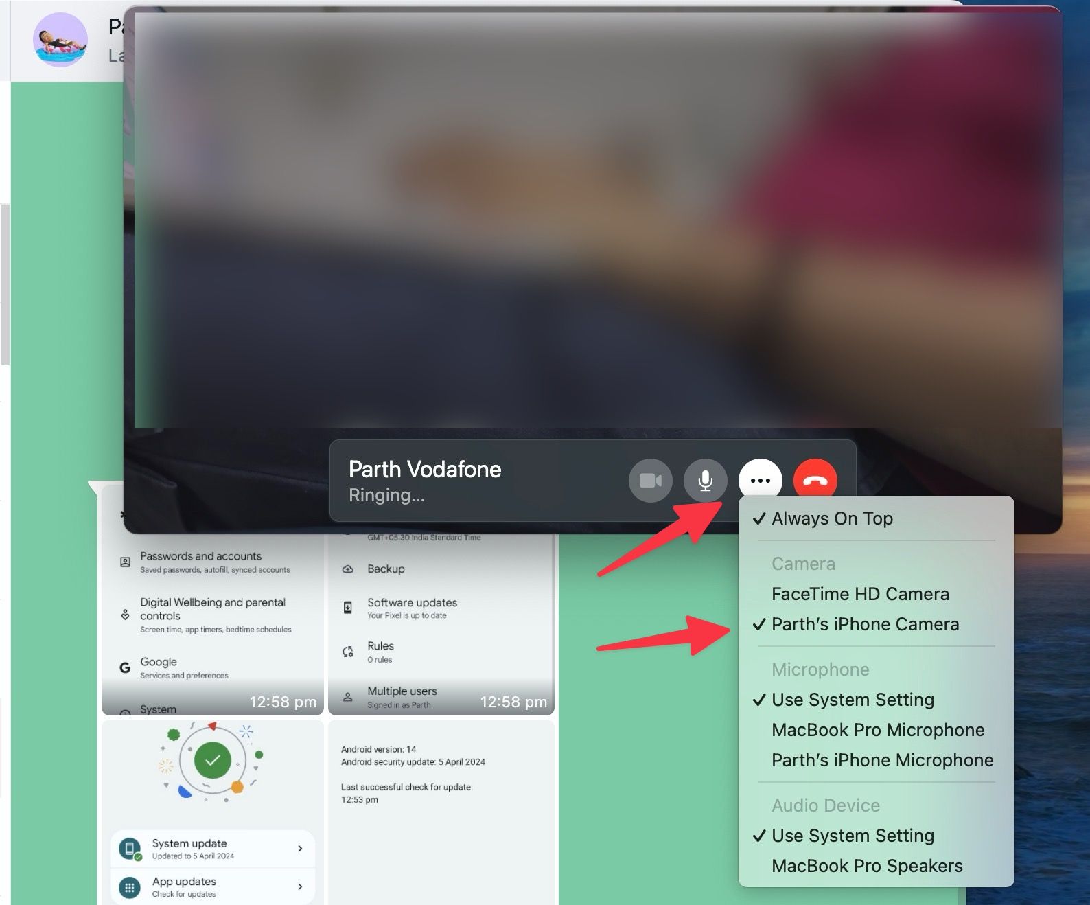 A screenshot showing WhatsApp video menu