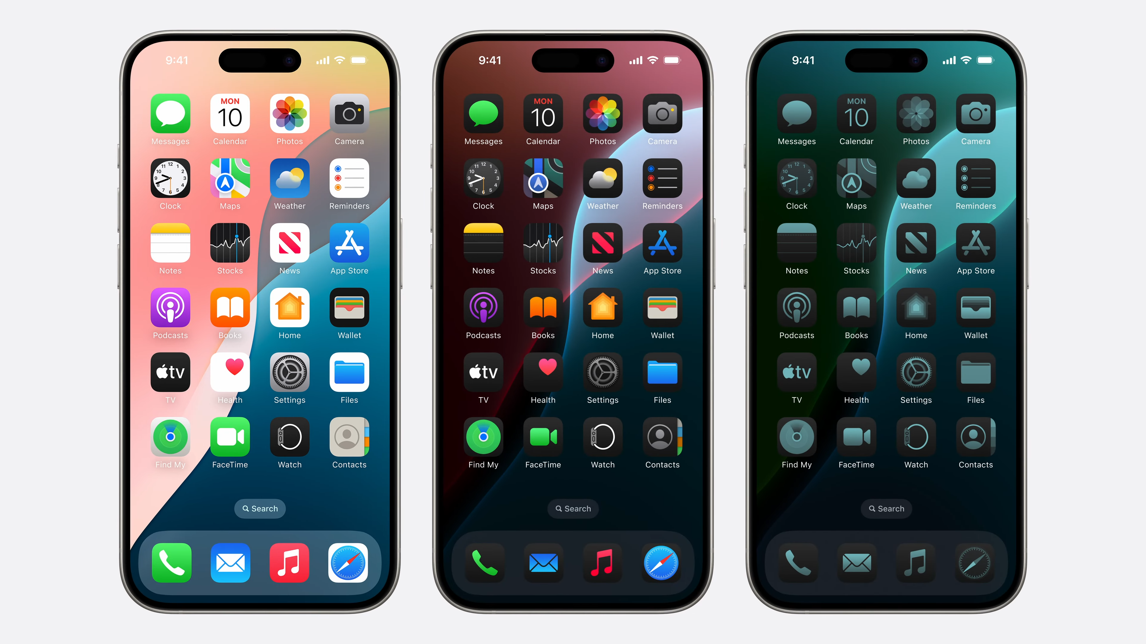 Three iOS 18 home screens next to each other with light, dark, and themed icons.