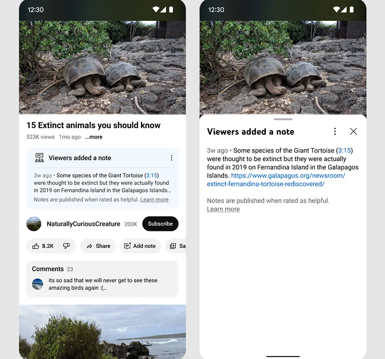 A mock screenshot of YouTube's new community notes feature in action. The video, titled "15 extinct animals you should know," features a specie of Giant Tortoise. The note indicates that the species was believed to be extinct but were later found on an island in the Galapagos.