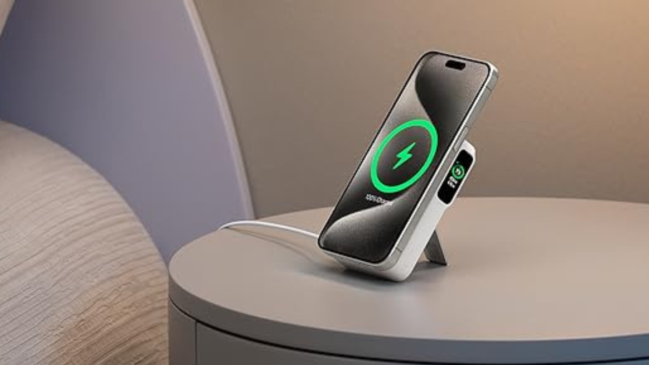 iPhone connect to Anker MagGo Power Bank on corner table