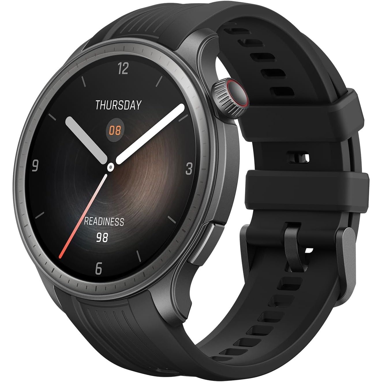 Amazfit Balance smartwatch side angle on white background 