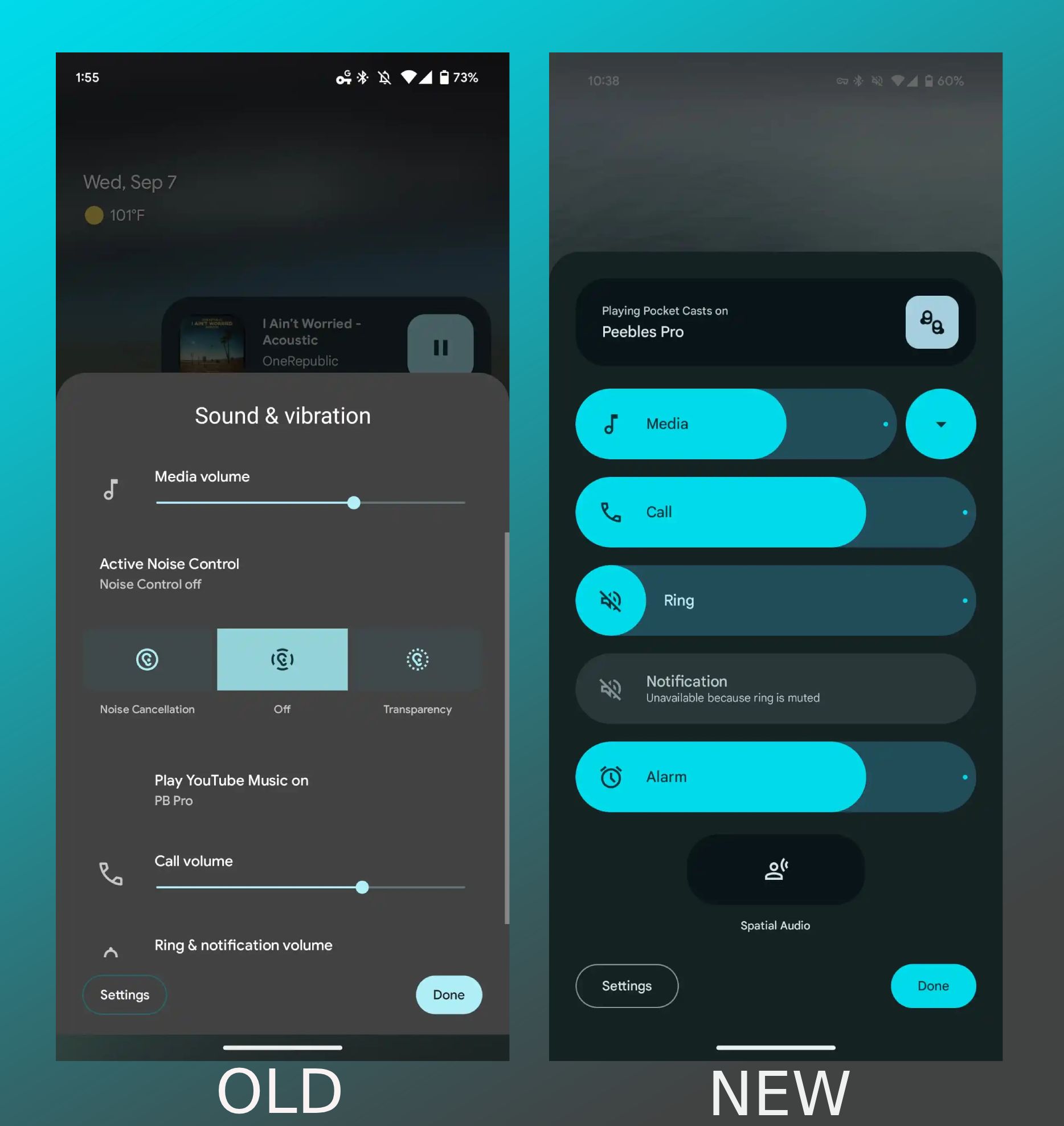 Old and new screenshots of the volume panel UI. The first image shows the Android 14 UI and the second shows the Android 15 Beta 4 UI.