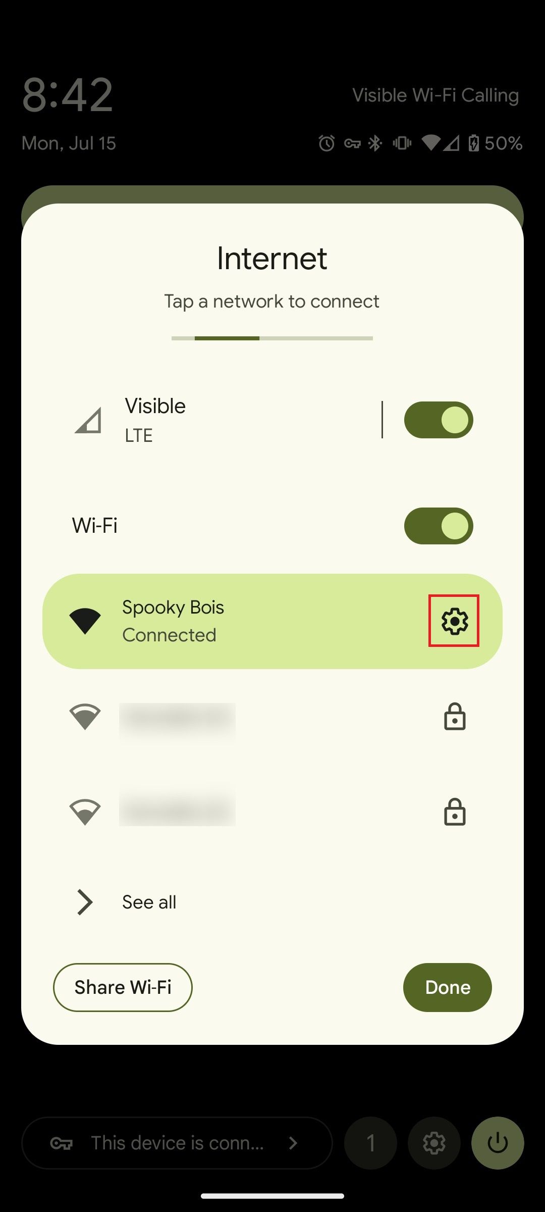 Internet settings on an Android phone with a red box around the settings gear next to the currently connected Wi-Fi network