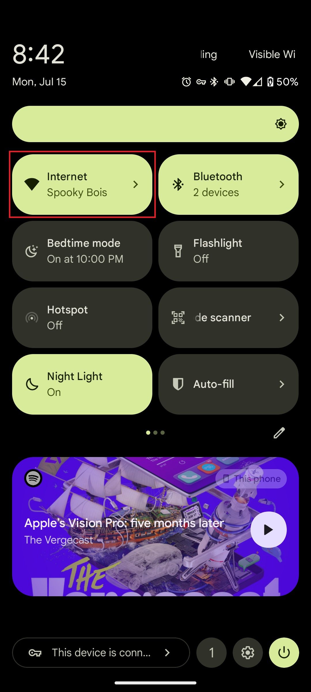 The quick settings menu on an Android phone with a red box around the Internet tile