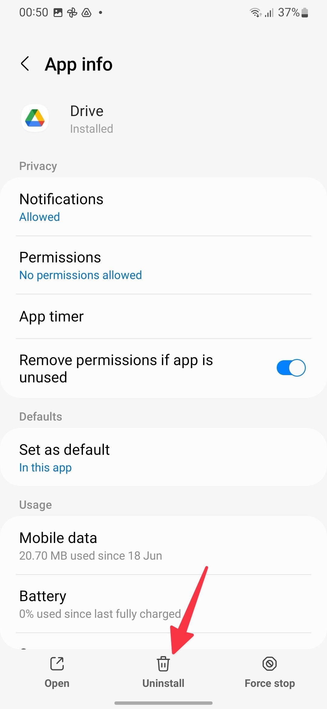 an option to uninstall Google Drive on Samsung