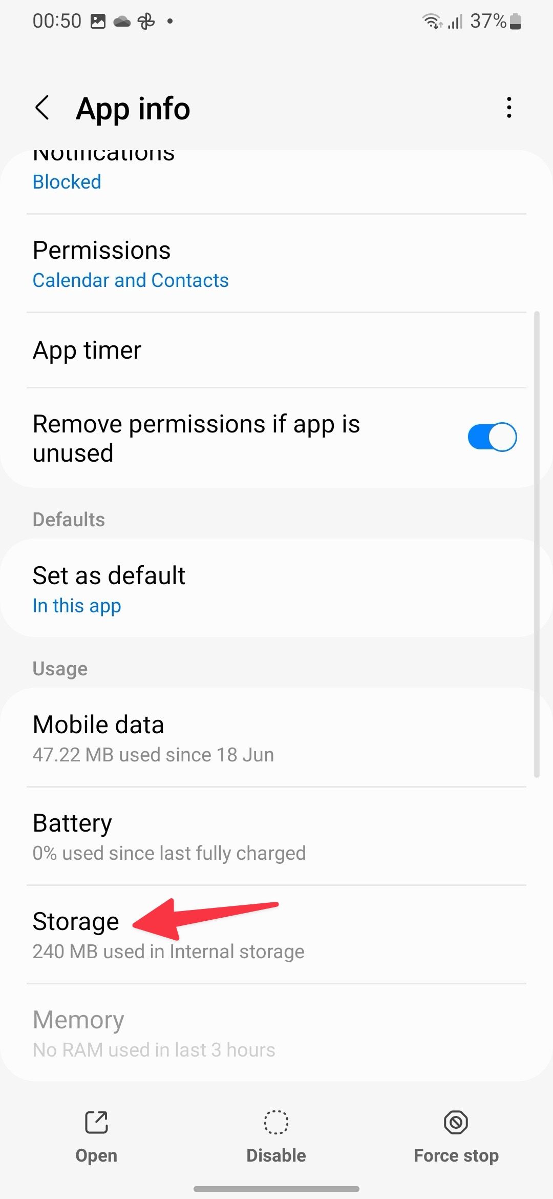 Open Storage in app info in Samsung Settings