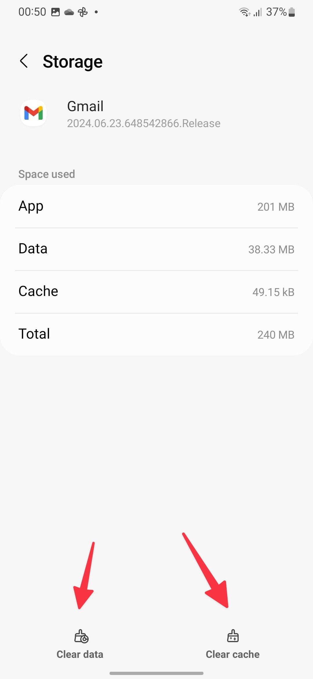 an option to clear cache and data in Gmail on Samsung