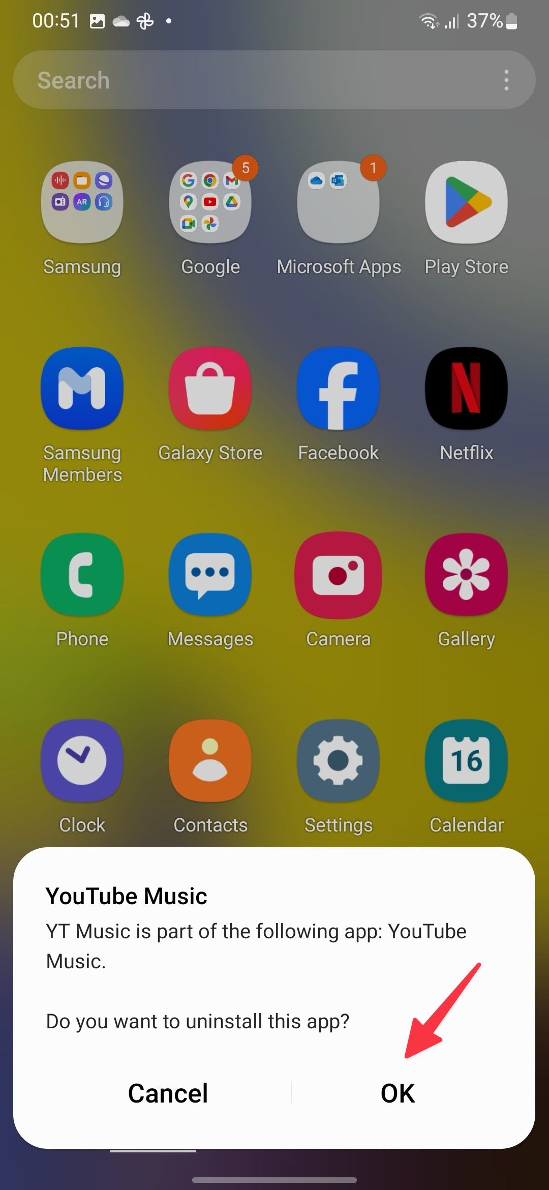 confirming an option to delete app on Samsung A25