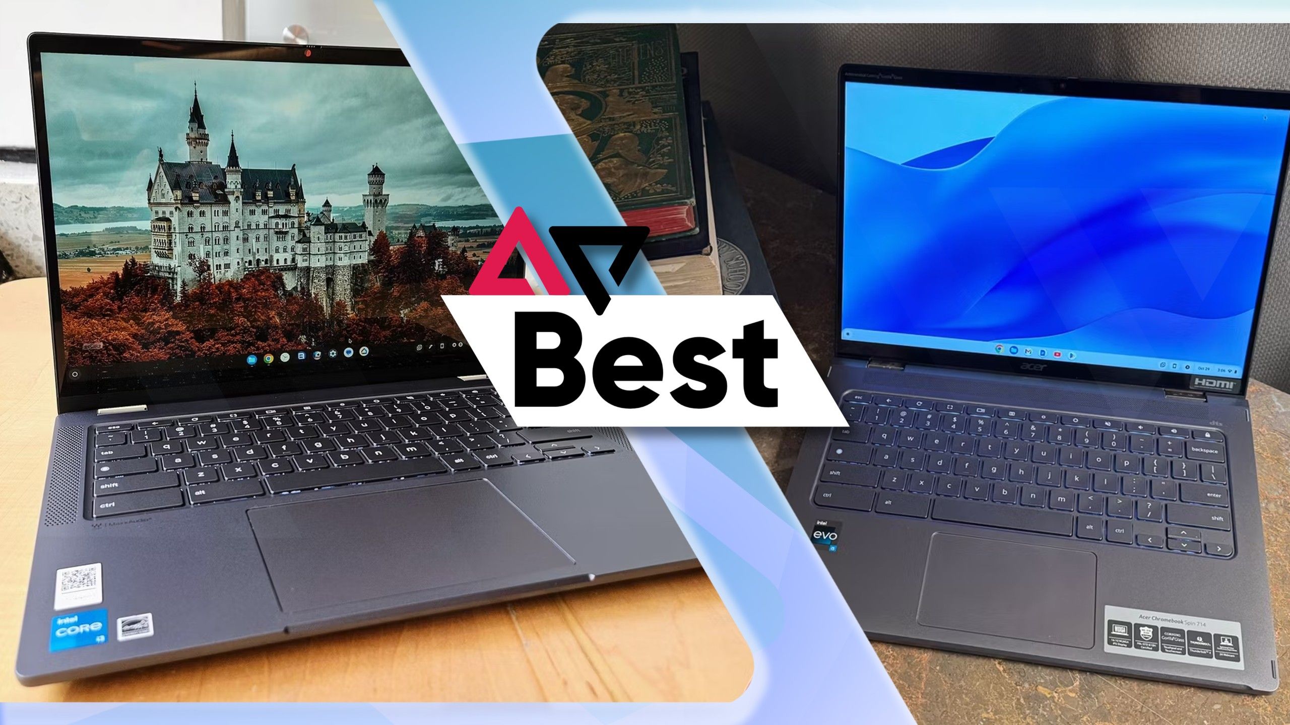 Two of the best Chromebooks pictured side-by-side with the lid open and the AP Best logo displayed between them.