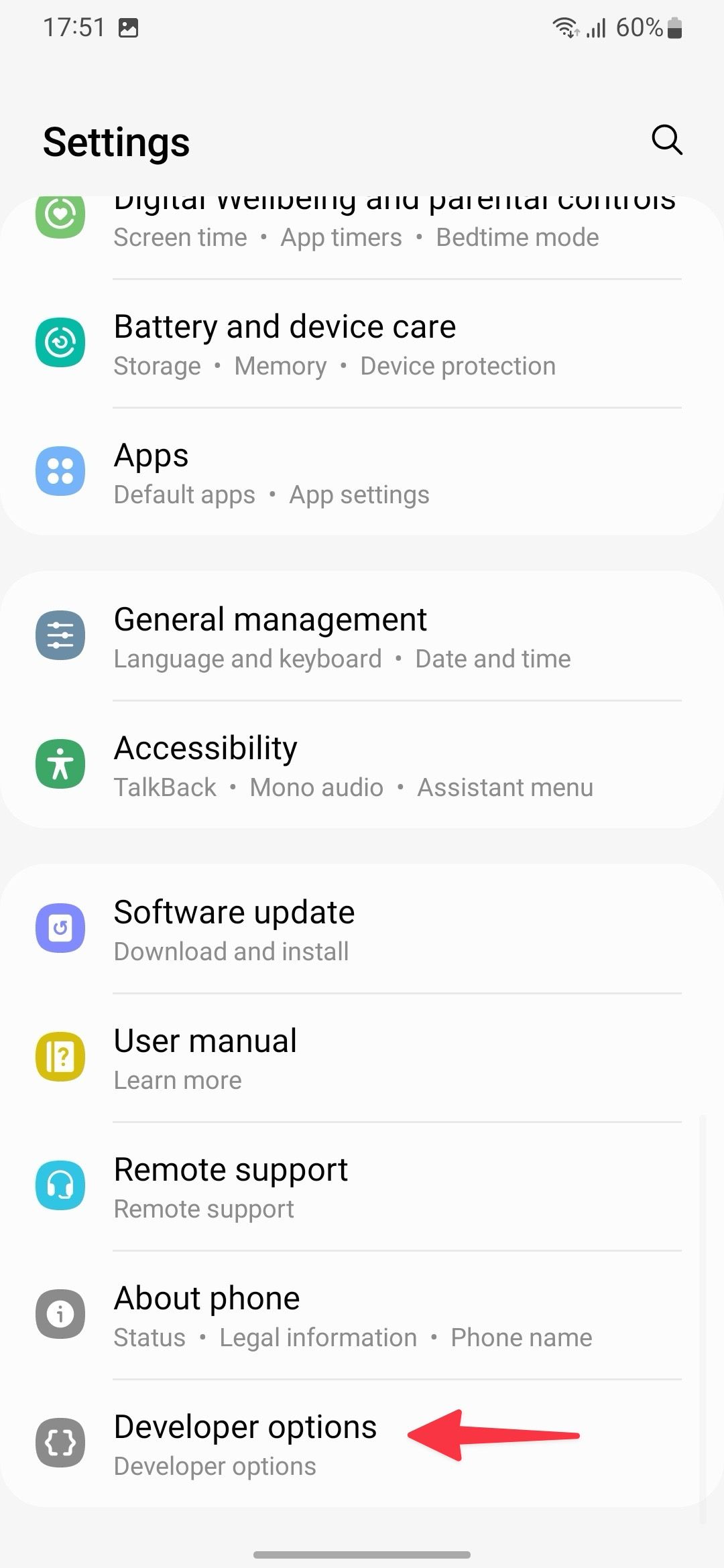 Open developer options on Samsung phone