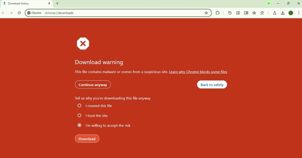 A screenshot of Google Chrome's new full page download warning.