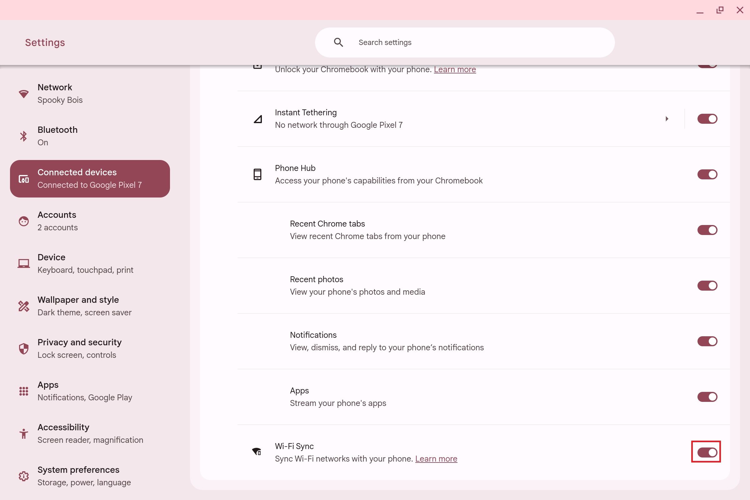 The Android phone settings in Connected devices settings on a Chromebook with a red box around the Wi-fi Sync toggle