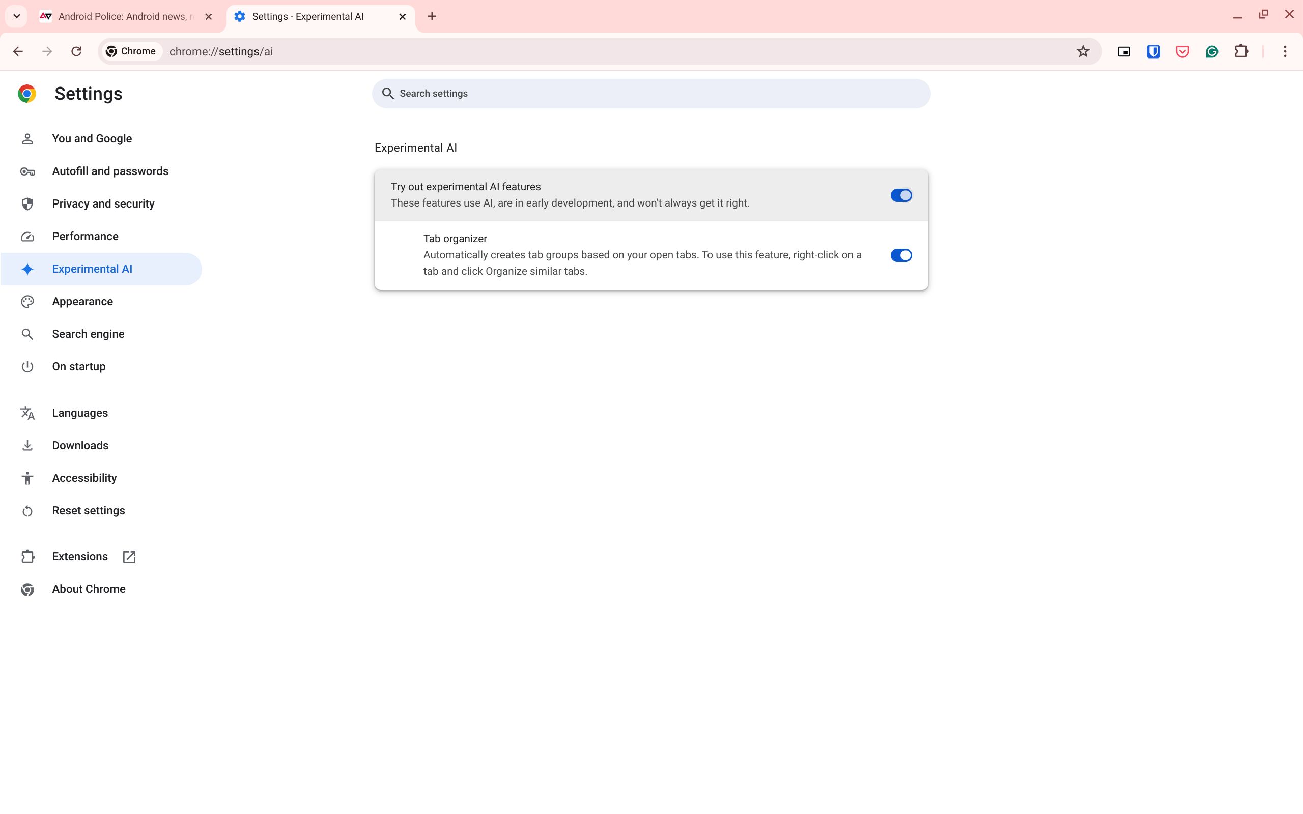 The Experimental AI Settings section for Google Chrome on a Chromebook