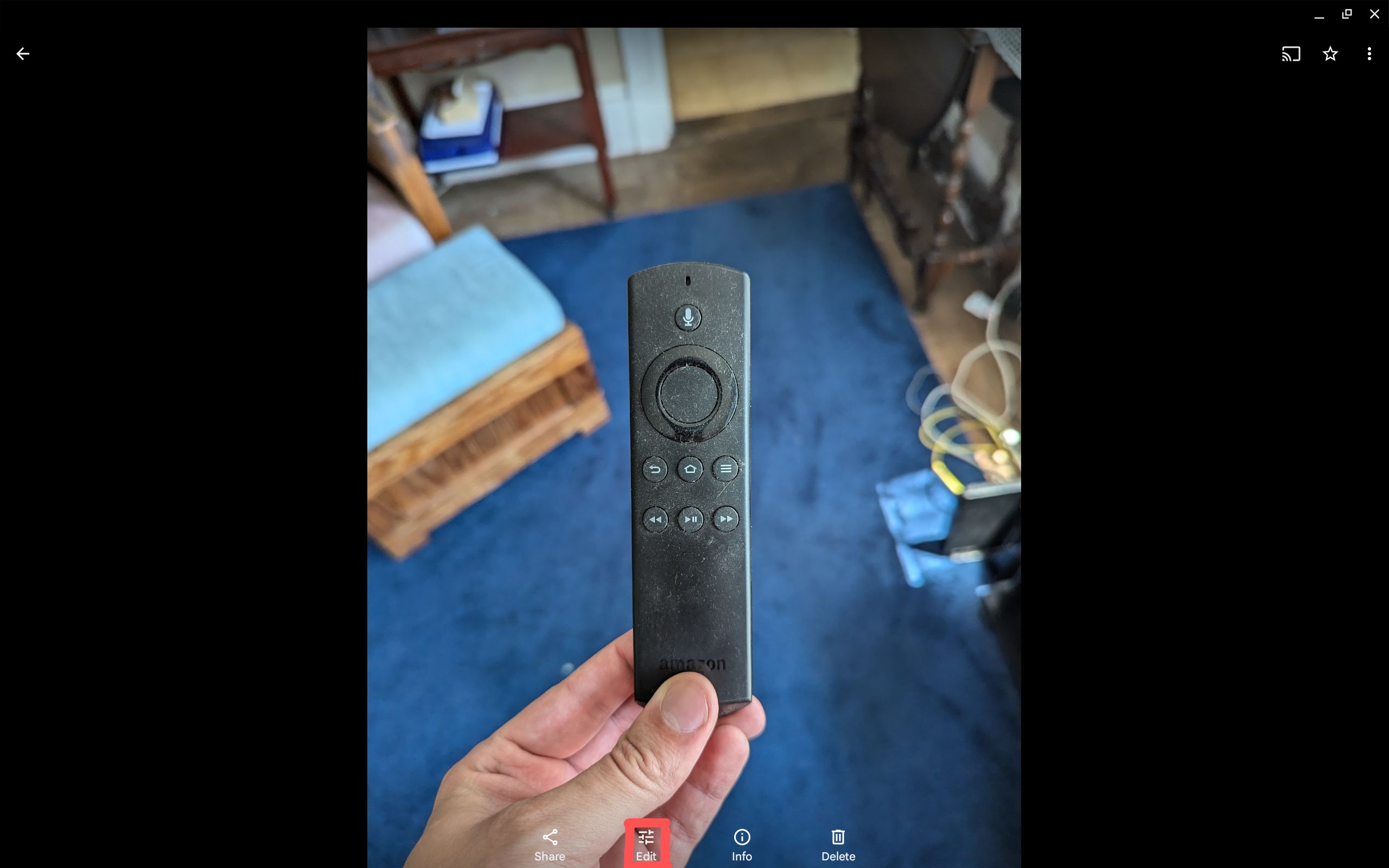 An image of an Amazon Fire Stick open in Google Photos with the edit button highlighted with a red box