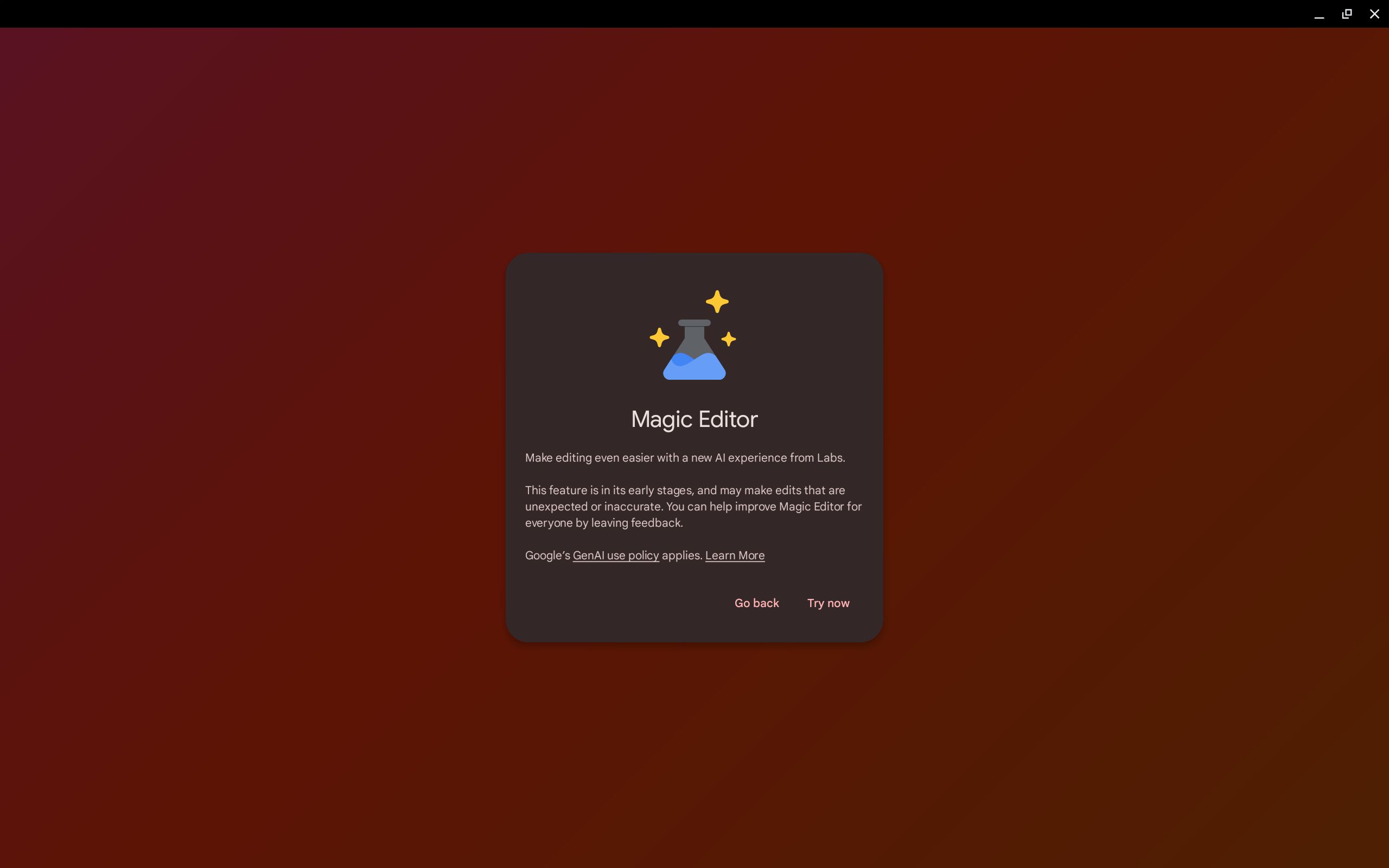 The Magic Editor Try Now dialog box in Google Photos on a Chromebook Plus