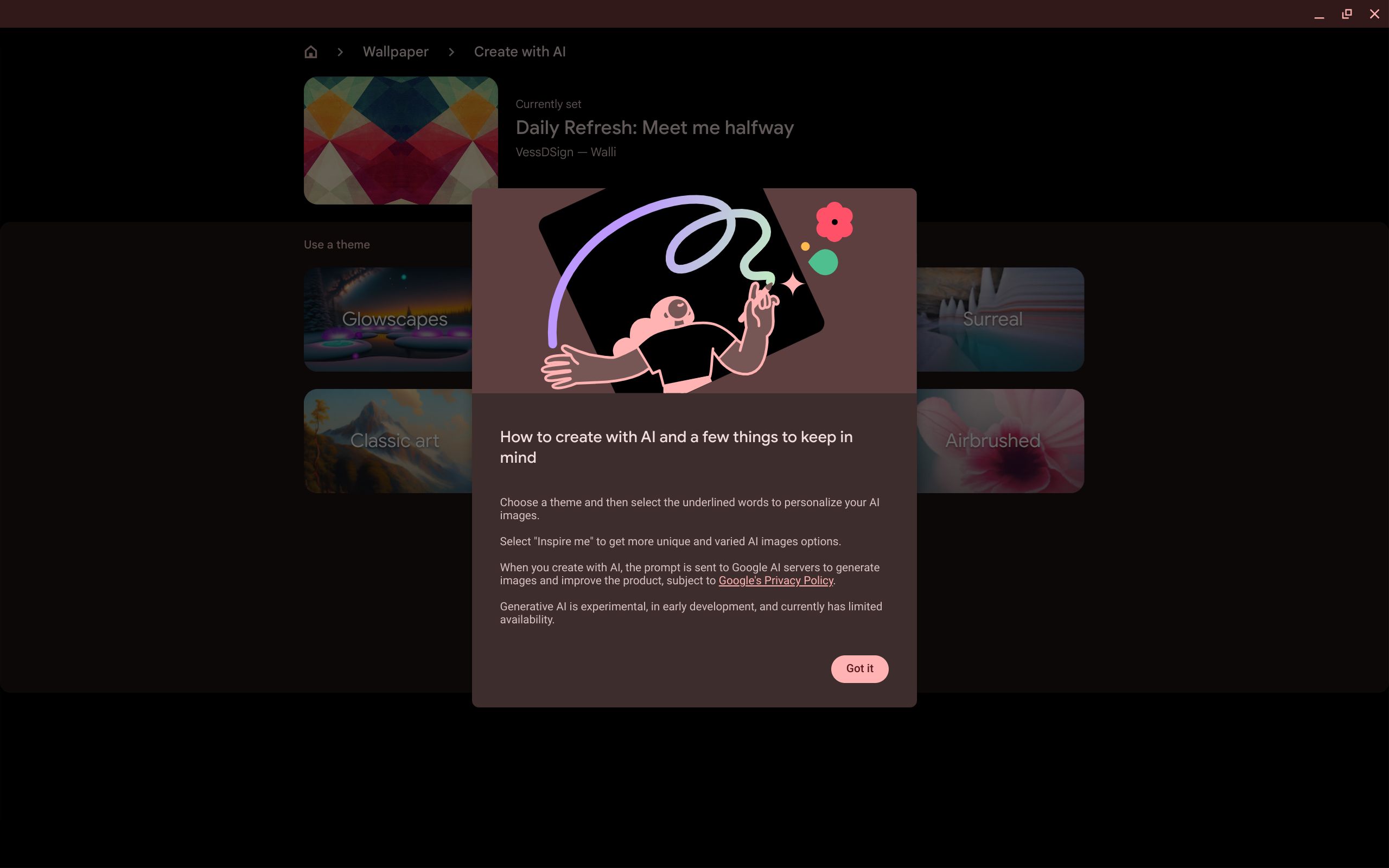 The AI warning pop up on a Chromebook Plus in the Wallpaper menu