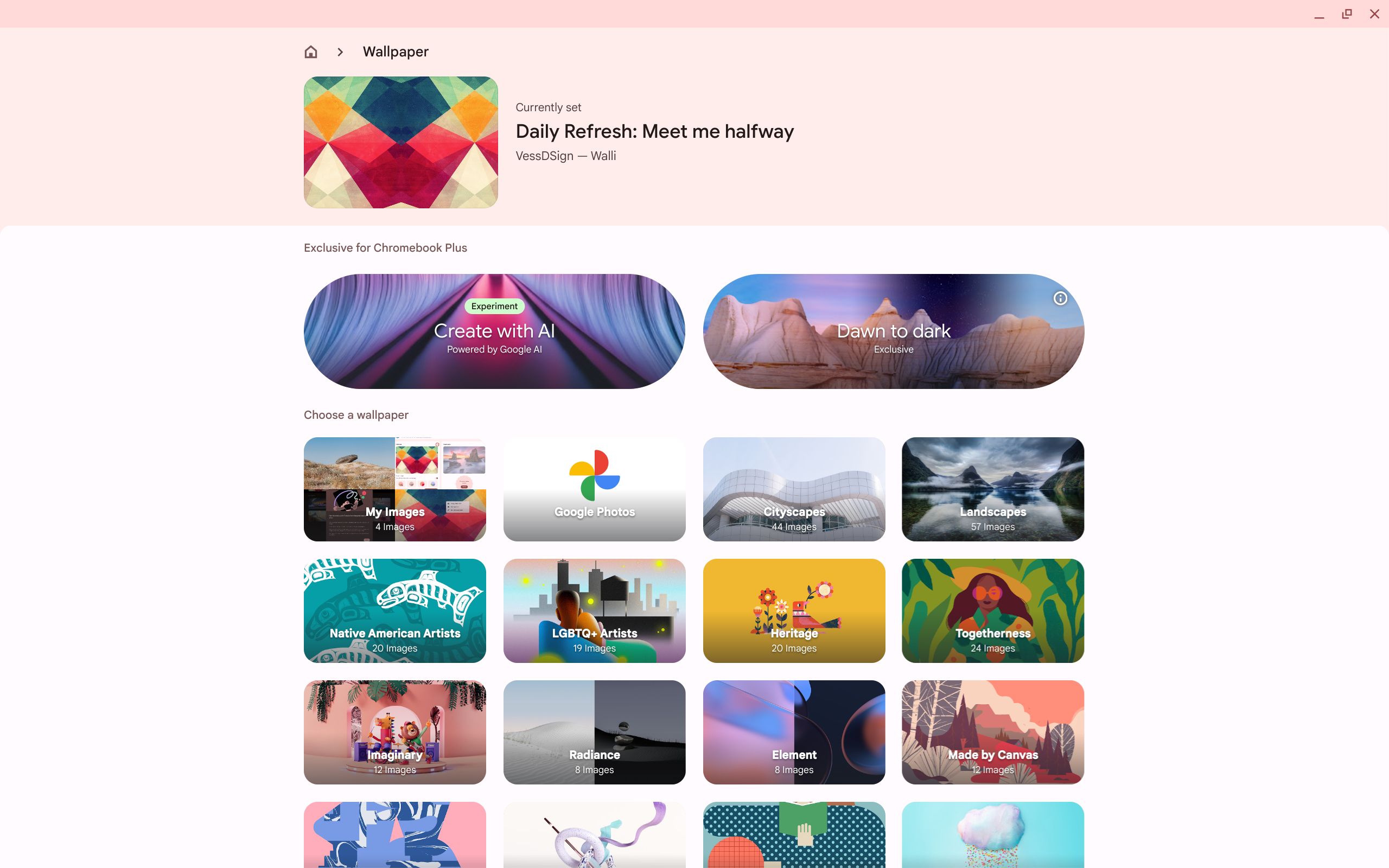 The Wallpaper menu on a Chromebook Plus