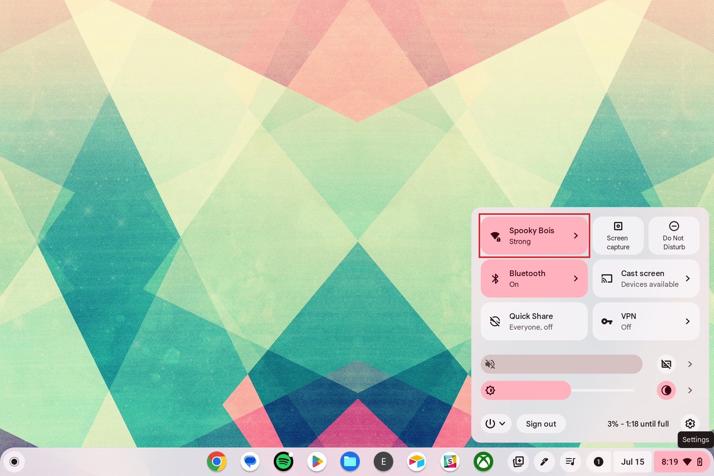 The Chromebook quick settings menu with the internet tile highlighted by a red box