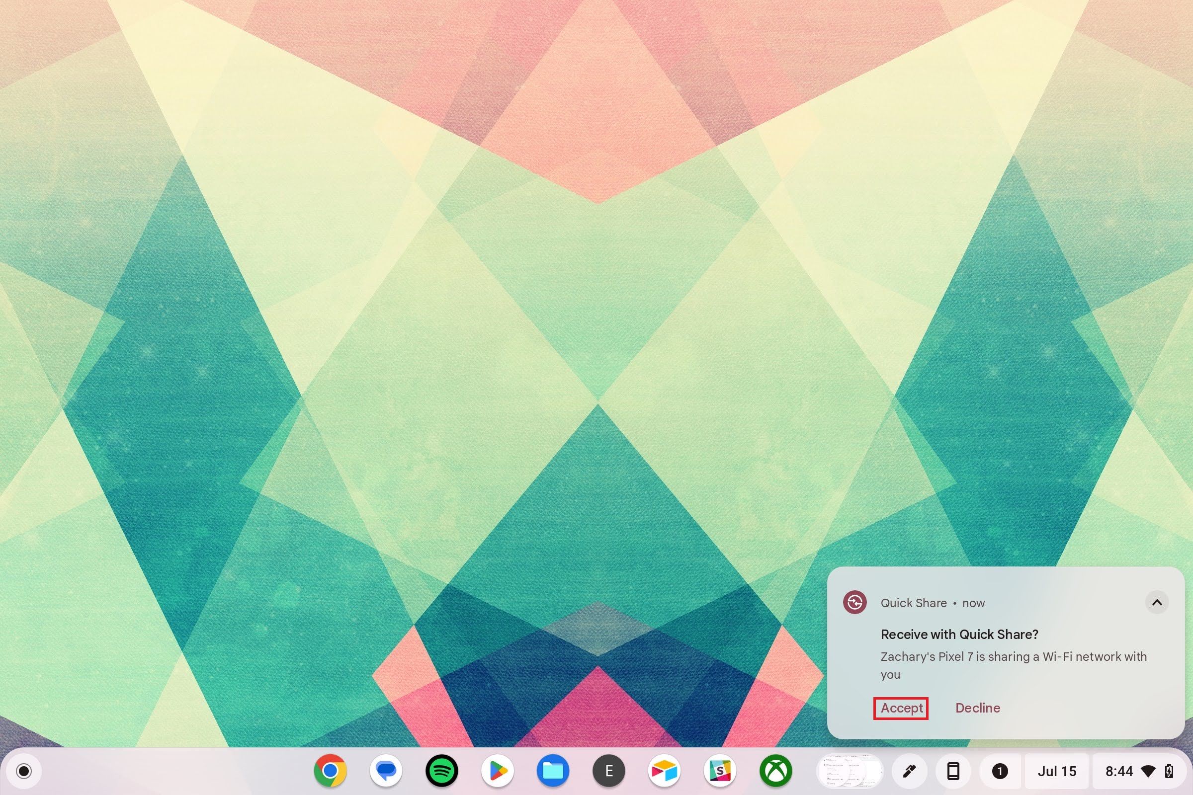 A Quick Share prompt to receive a Wi-Fi network on a Chromebook with a red box around the Accept option