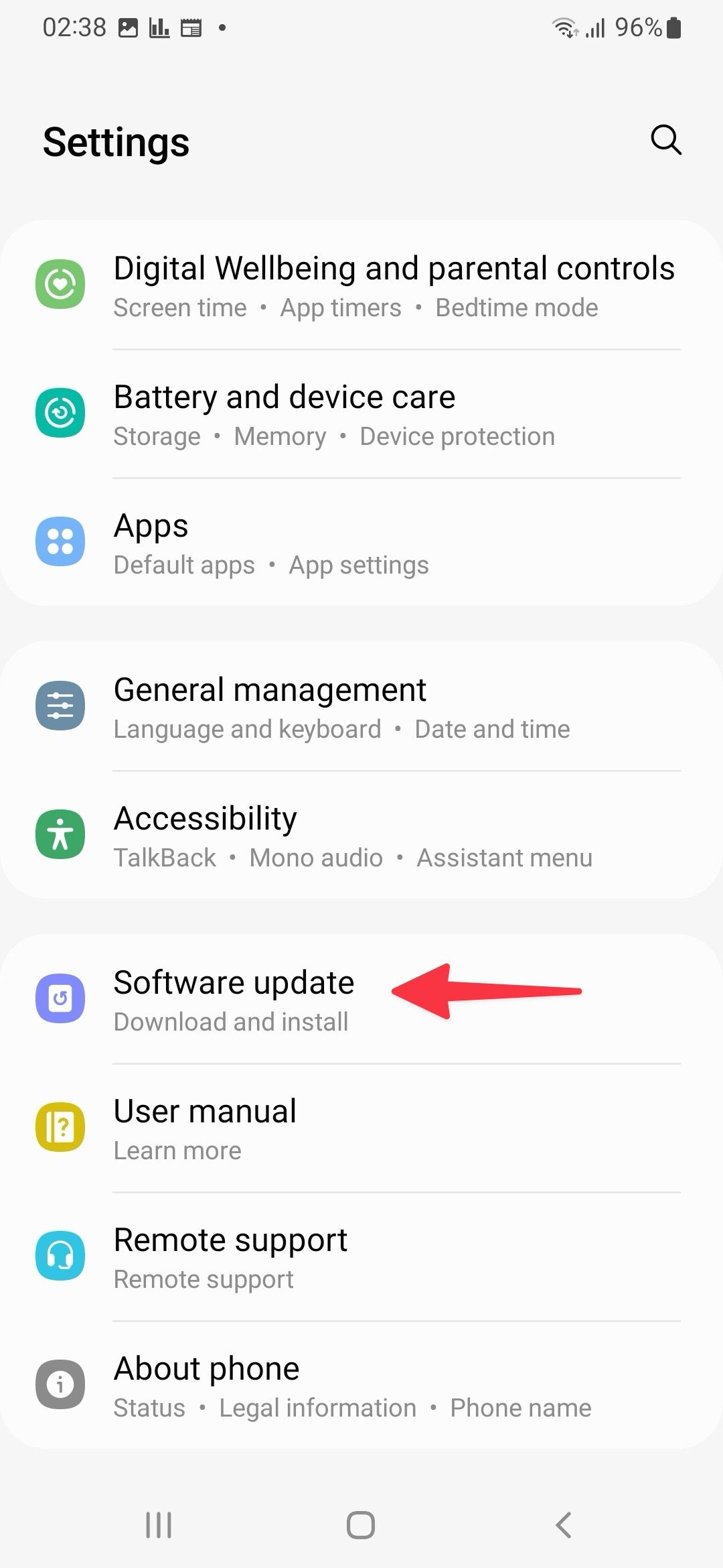 Open Software update menu on Samsung