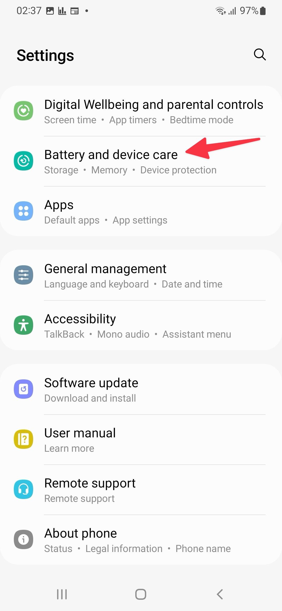 Battery settings on Samsung phone