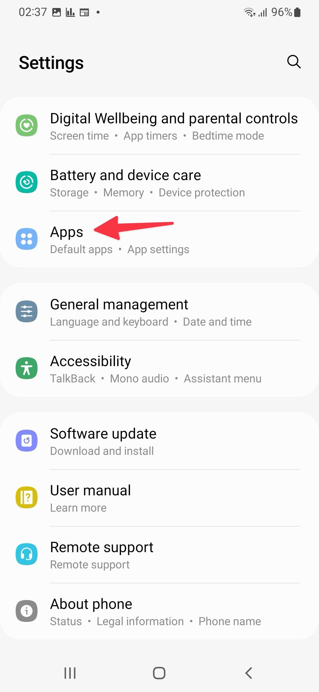 Open Apps menu on Samsung phone