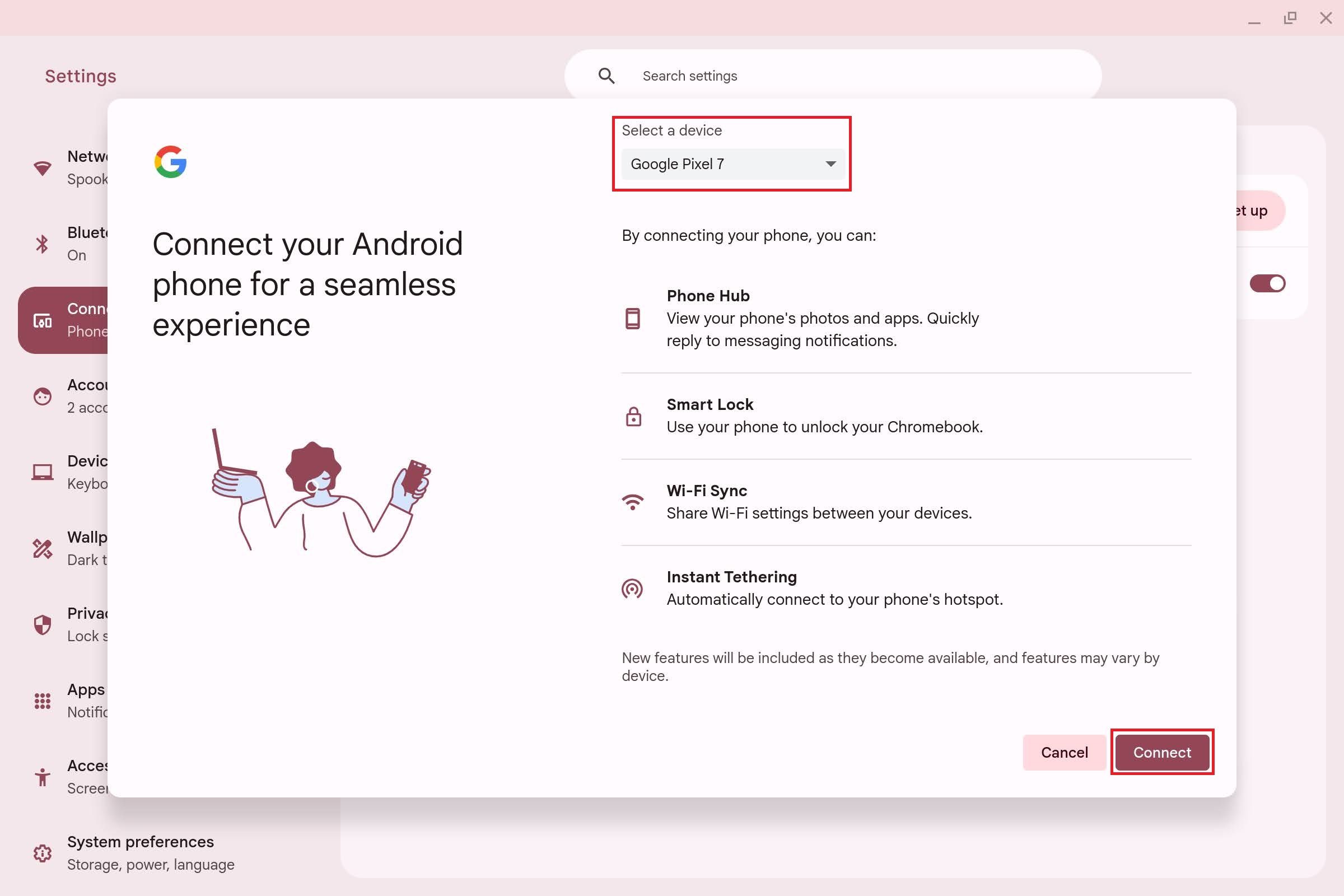 The Connect your Android phone for a seamless experience pop up with red boxes around the Select a device dropdown and Connect button