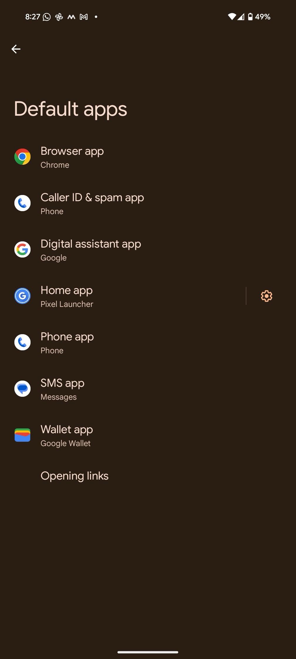 default apps menu on an Android phone