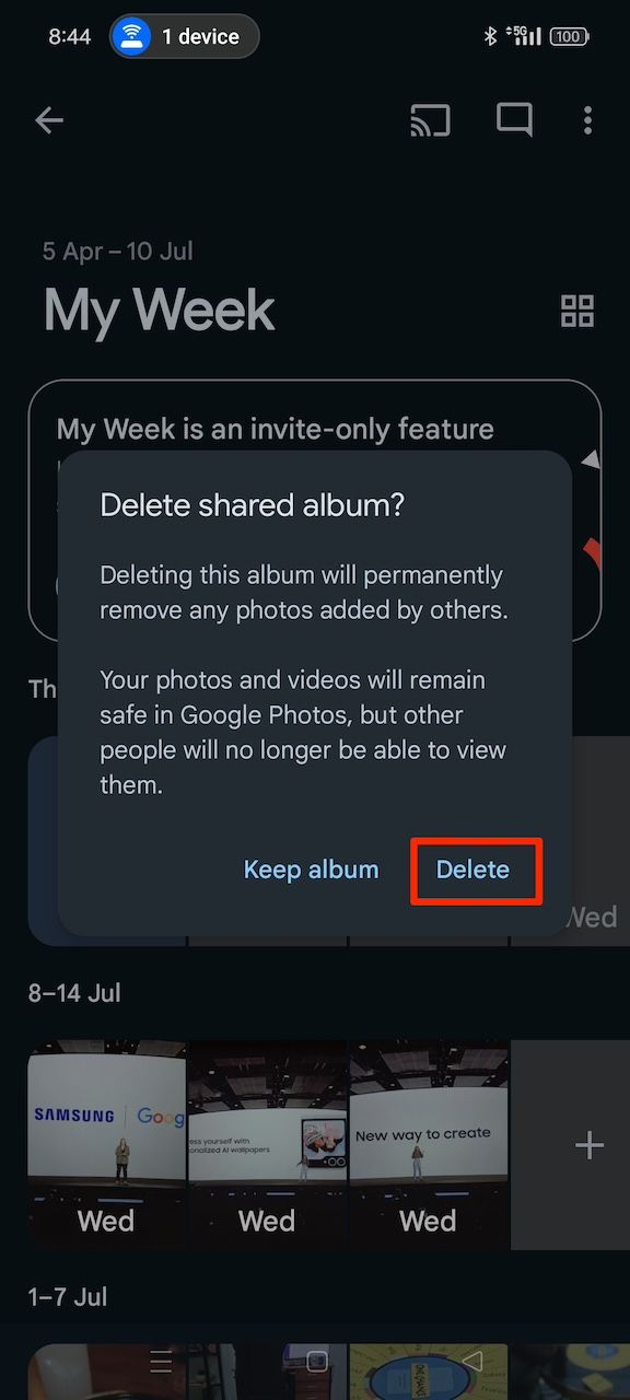 Delete confirmation pop up in My Week album on Google Photos