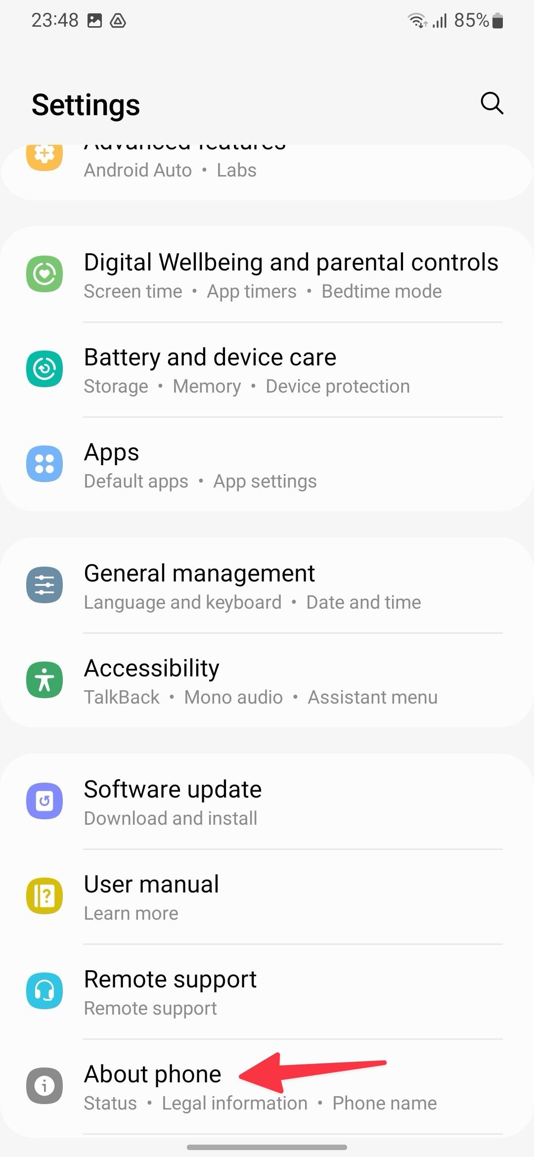 Open About phone menu on Samsung phones