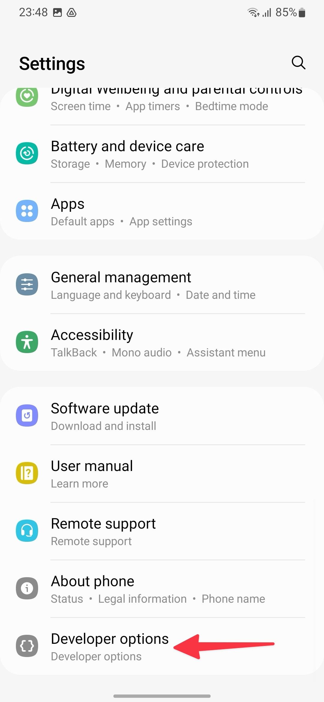 A screenshot showing developer options on Samsung phone