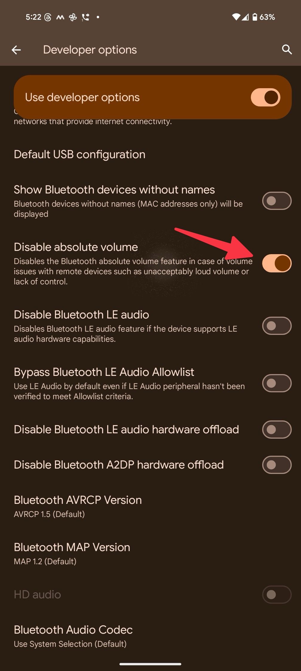 Disable absolute volume on Android