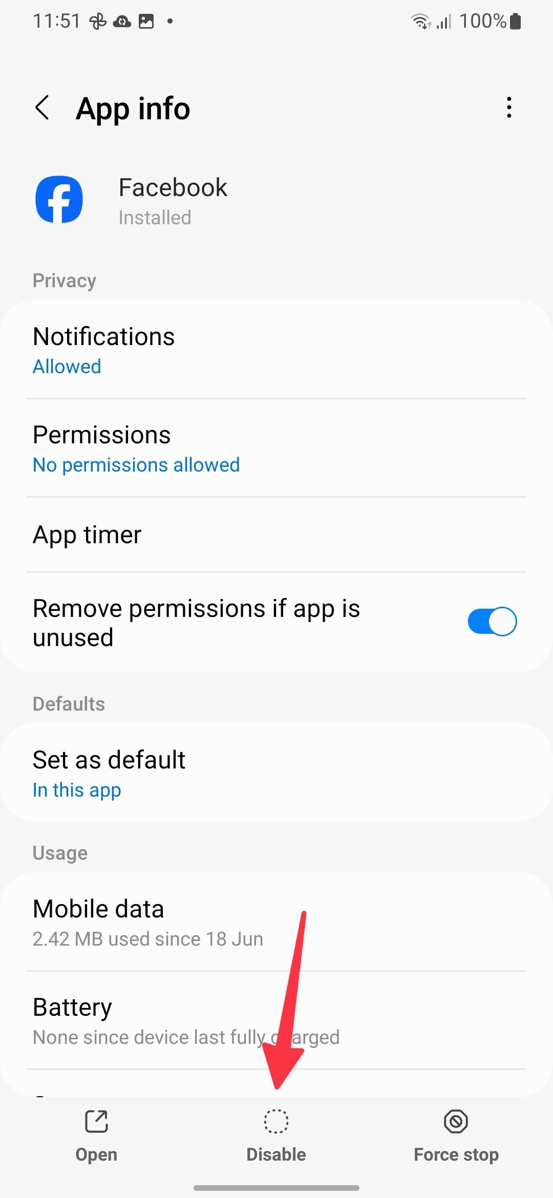 disable facebook on Galaxy A35