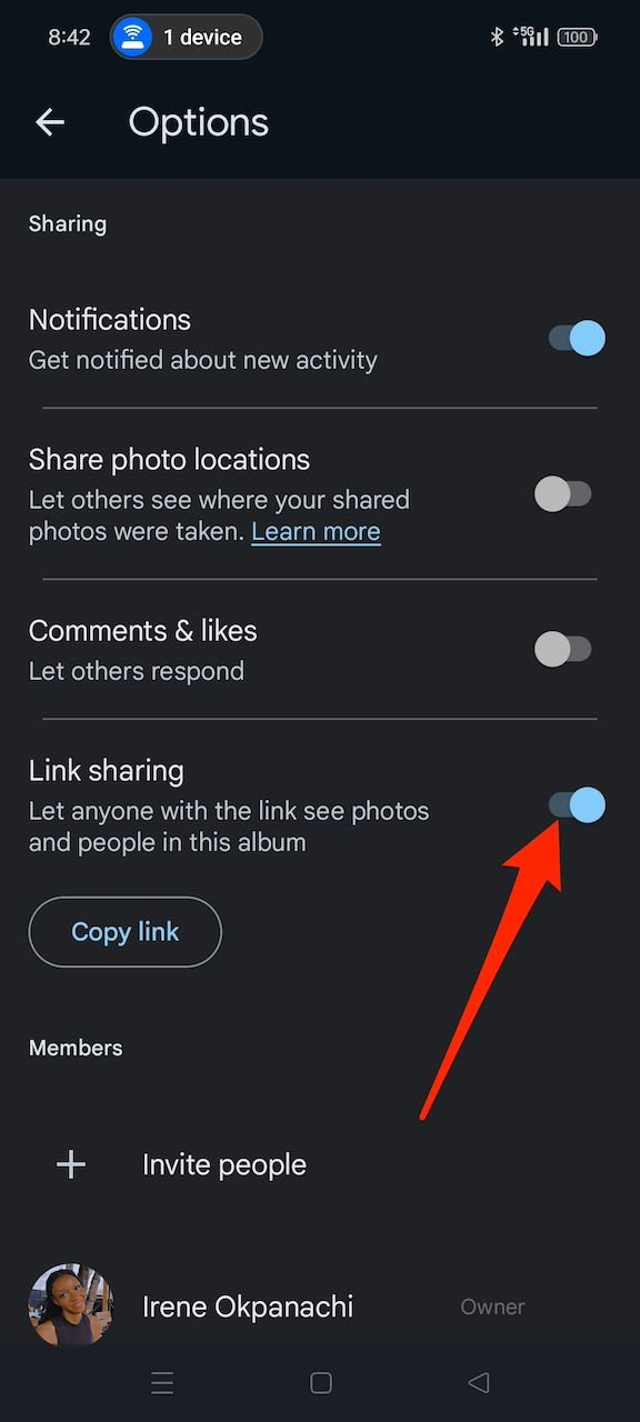 Disabling link sharing in My Week album on Google Photos app